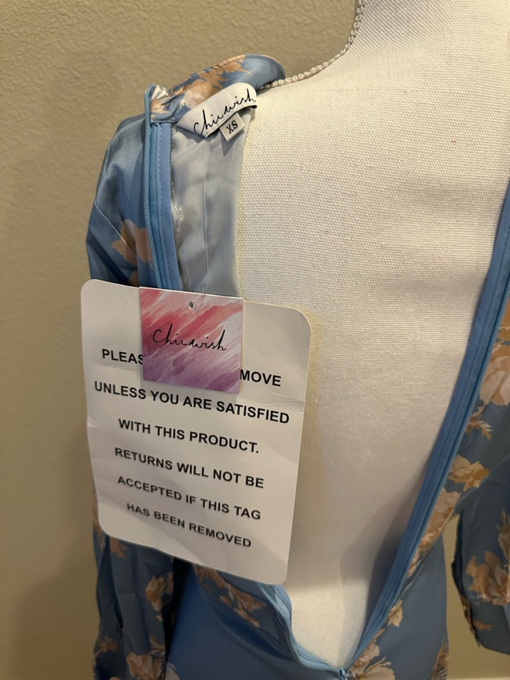 Chicwish Blue and Cream Floral Long Sleeve Midi Dress - Picture 3 of 3